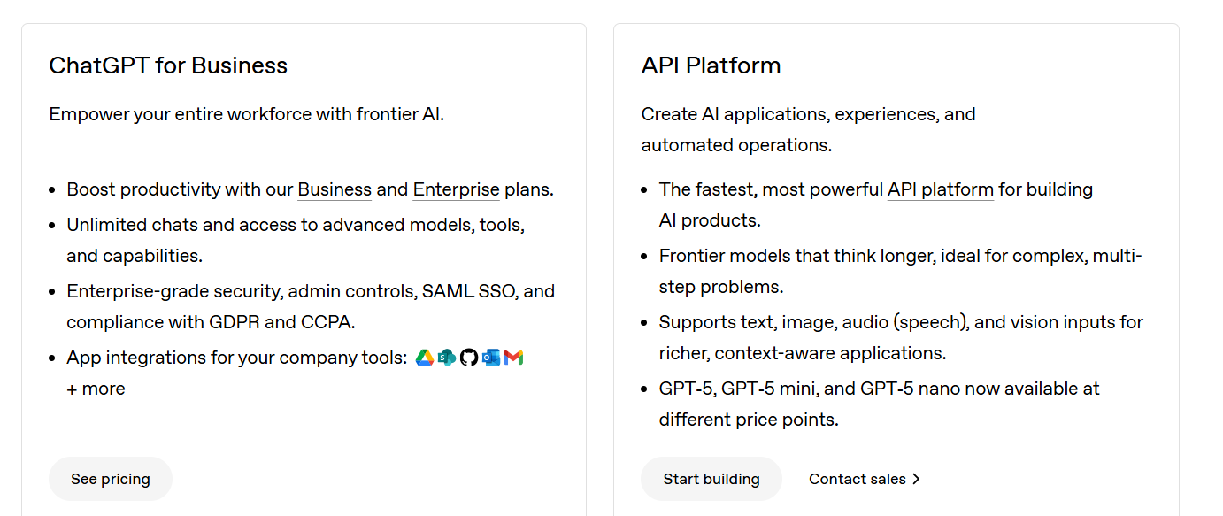 Screenshot of ChatGPT Business dashboard showing account setup and placeholder for future Ads tab.
