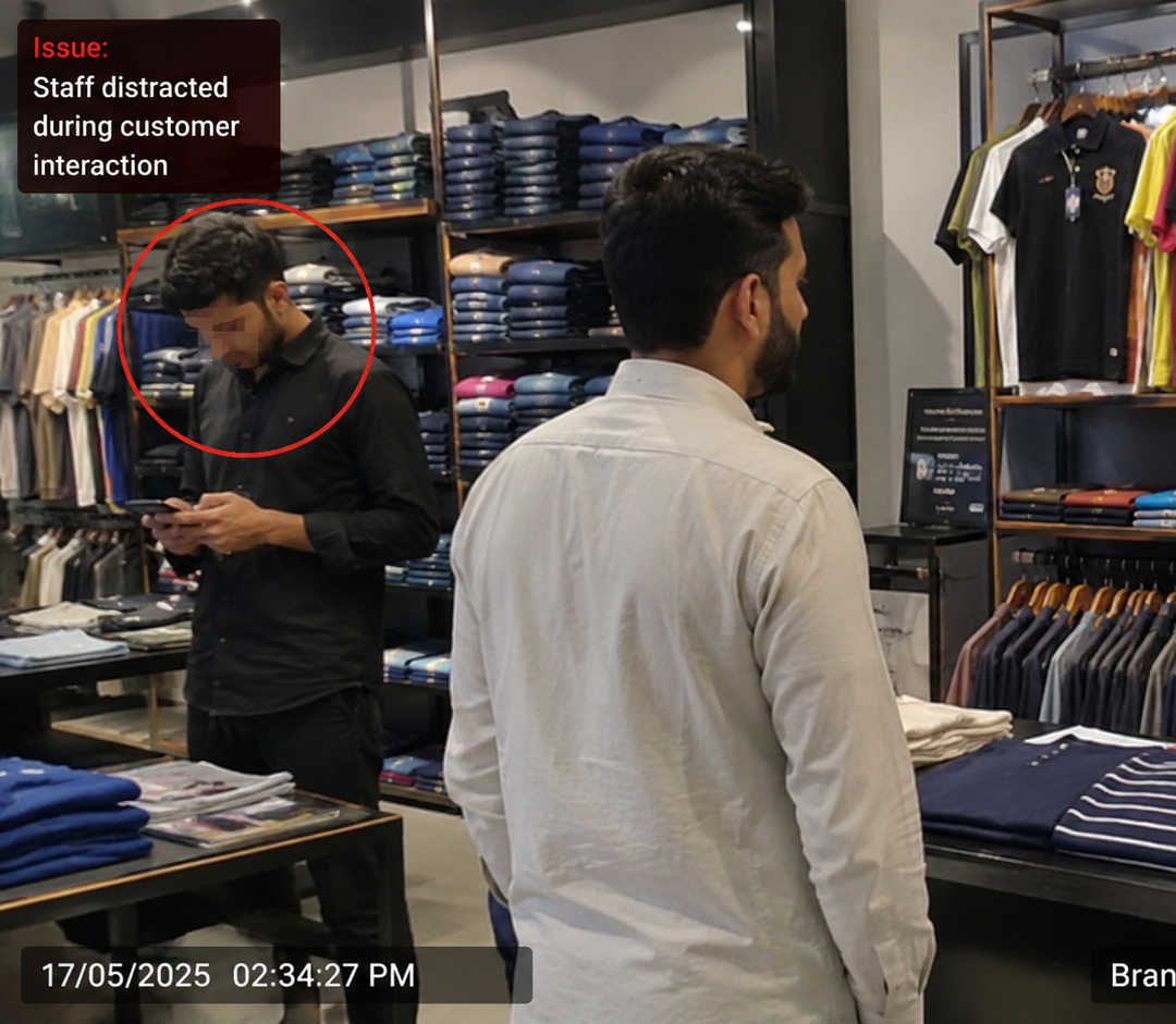 Anonymised field image showing staff distracted during customer interaction