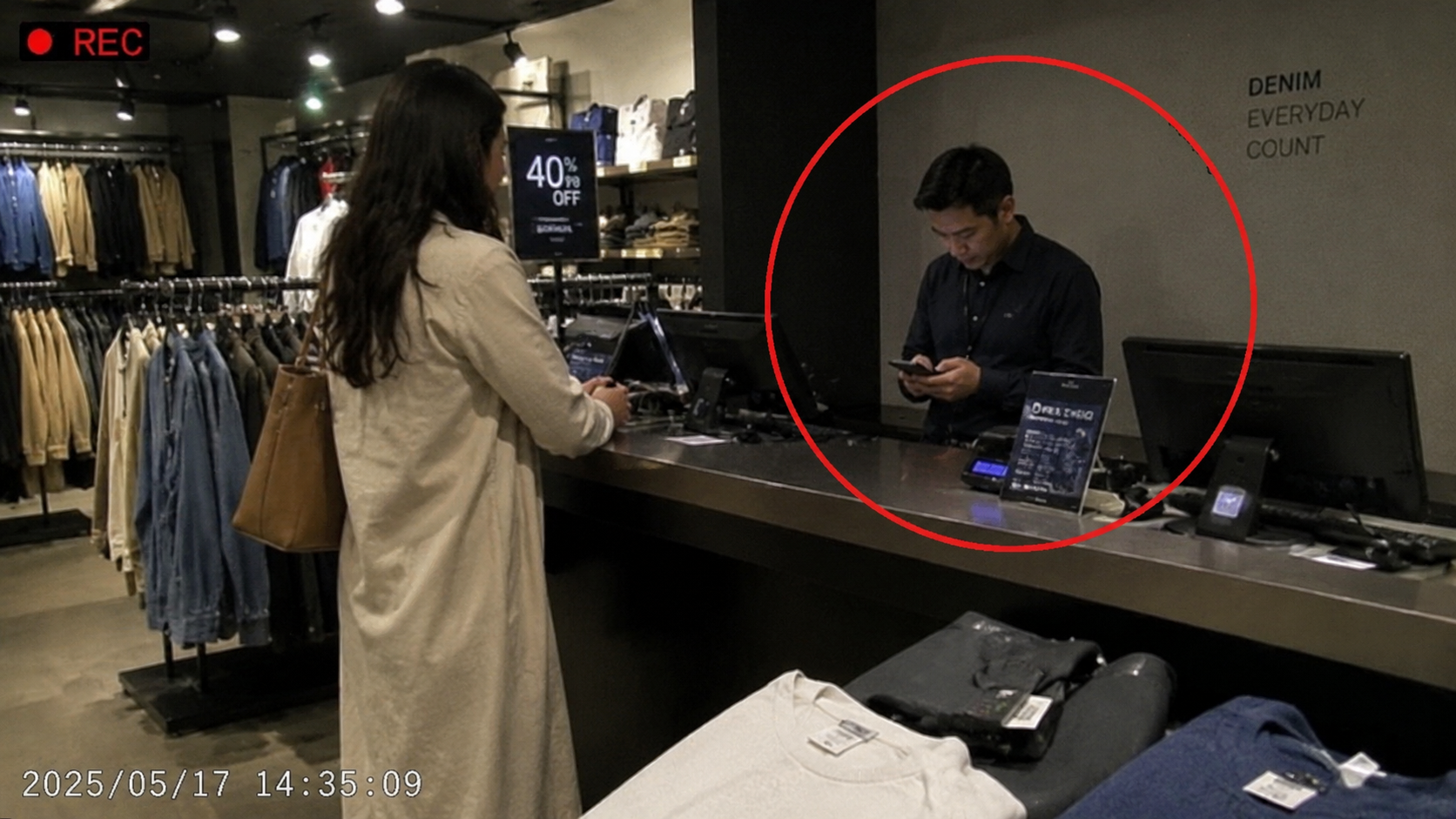 Anonymised retail mystery shopping video frame showing a customer service issue
