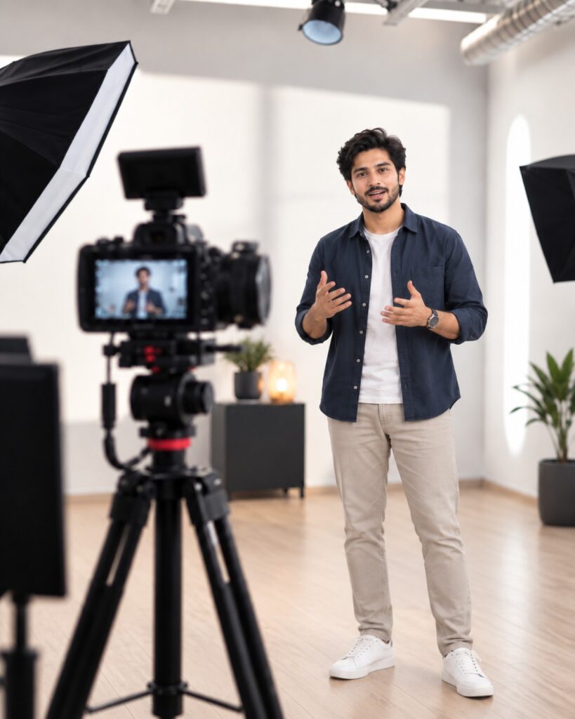 a man standing in front of professional camera and studio setup recording commercial video